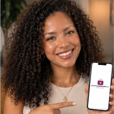 A Júlia sorrindo e apontando para a logo do site no celular